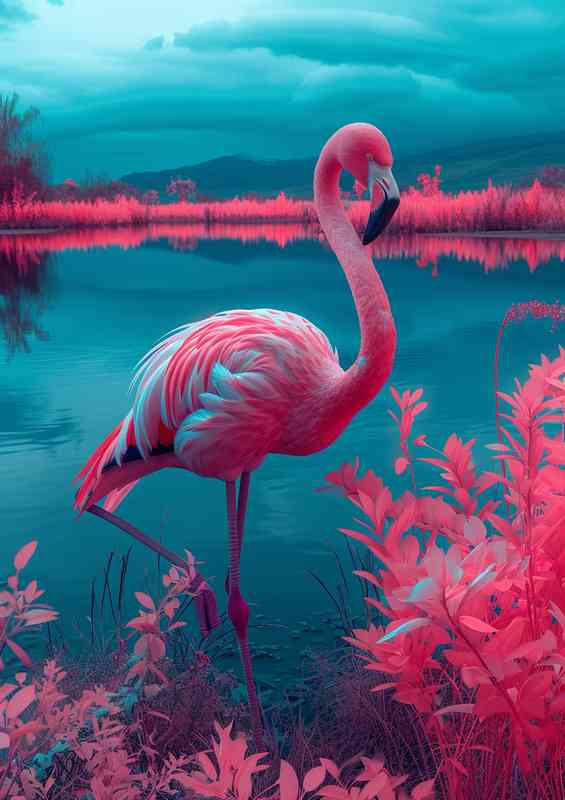 Flamingo in a field by a lake neon | Metal Poster