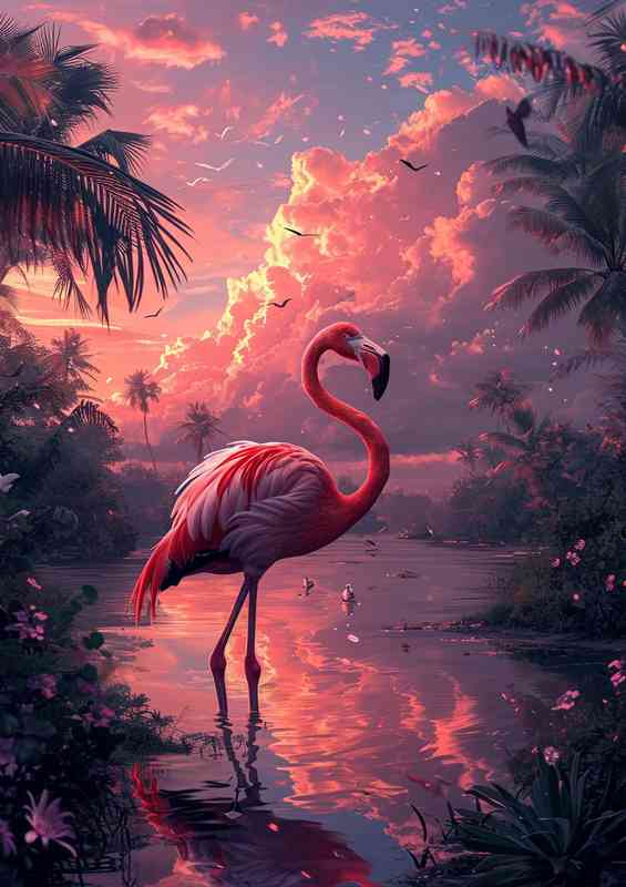 Flamingo in the pink lake | Metal Poster