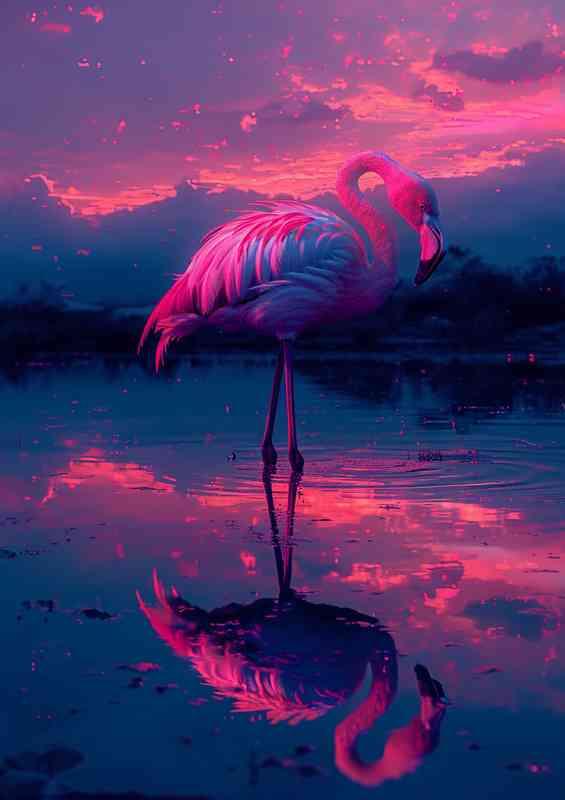Flamingo standing at the edge of the lake | Metal Poster