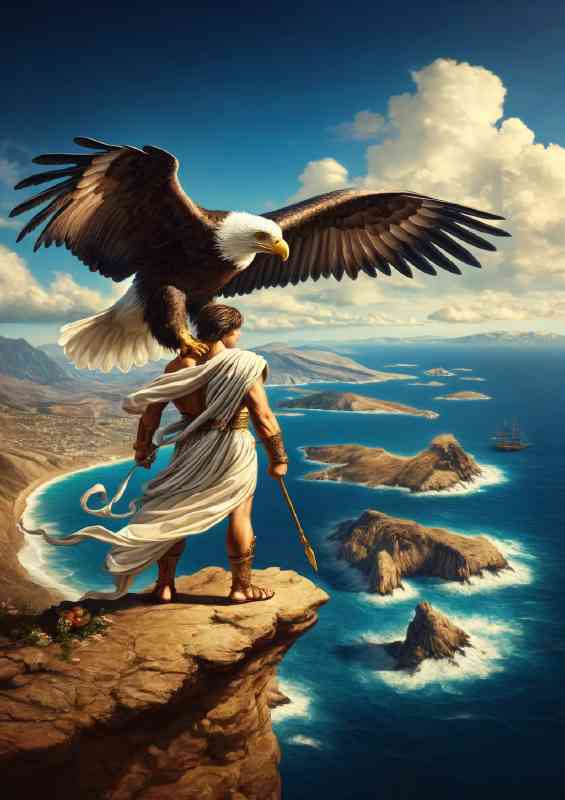 Greek hero with a majestic eagle standing on the edge of a cliff | Metal Poster