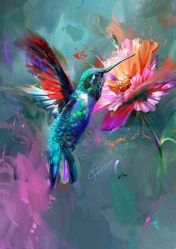 Hummingbird with a flower colorful | Metal Poster
