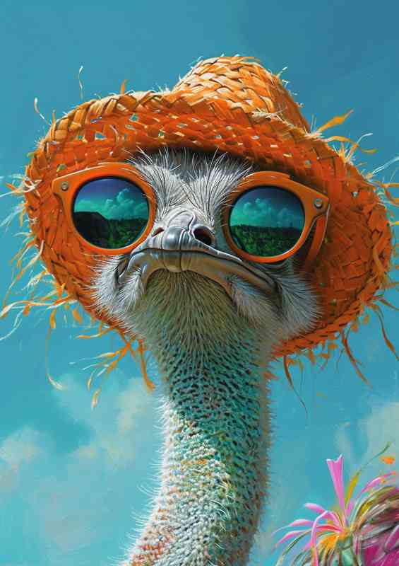 Ostrich wearing sunglasses and hat | Metal Poster