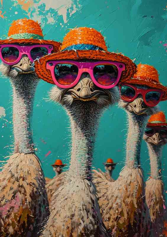 Ostriches wearing sunglasses and hats | Metal Poster