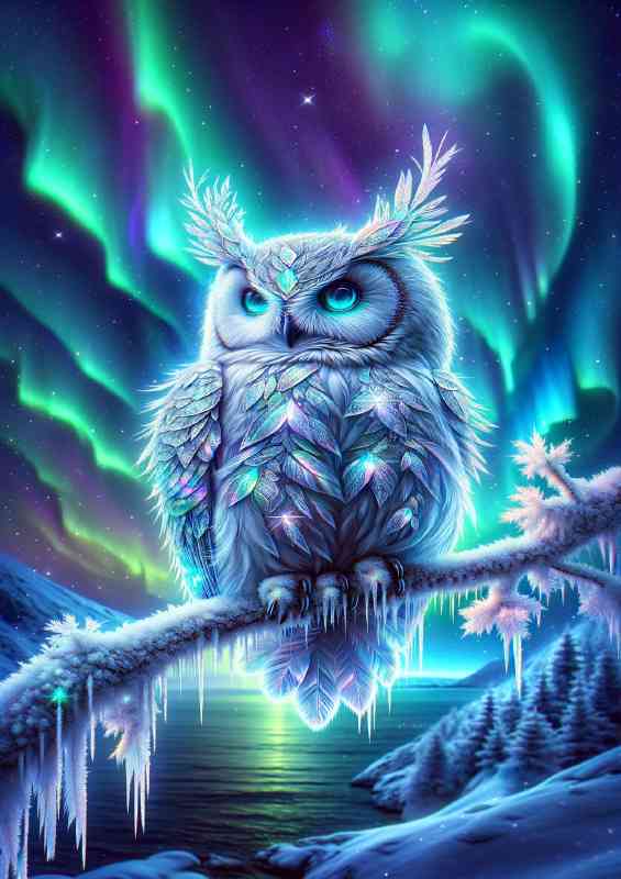 Owl adorned with crystalline frost covered branch | Metal Poster