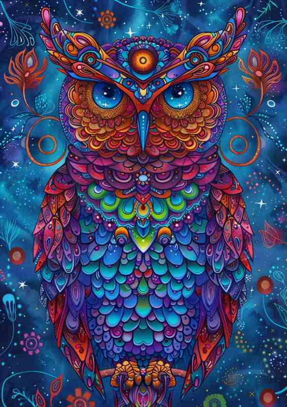 Owl in blue purple and red with a starry background | Metal Poster
