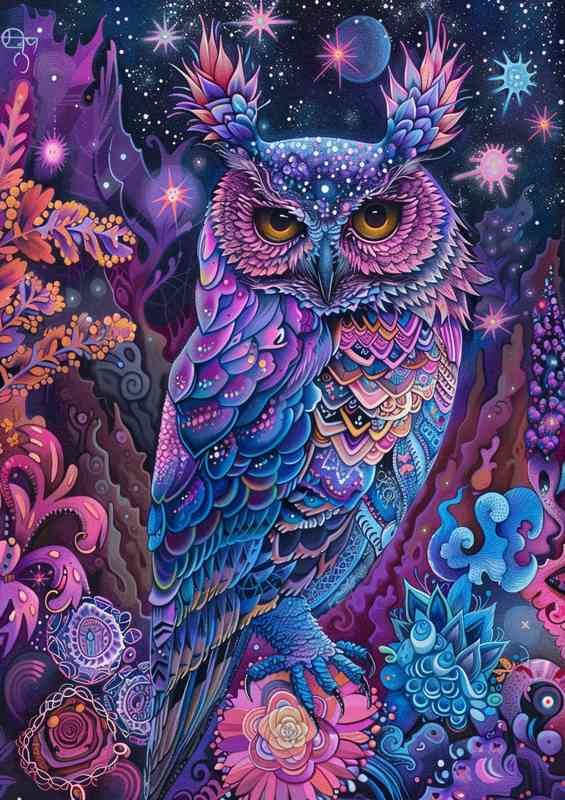 Painted style Owl with purlpe stars | Metal Poster