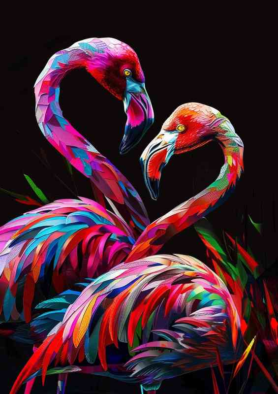 Painting of two colorful flamingos | Metal Poster