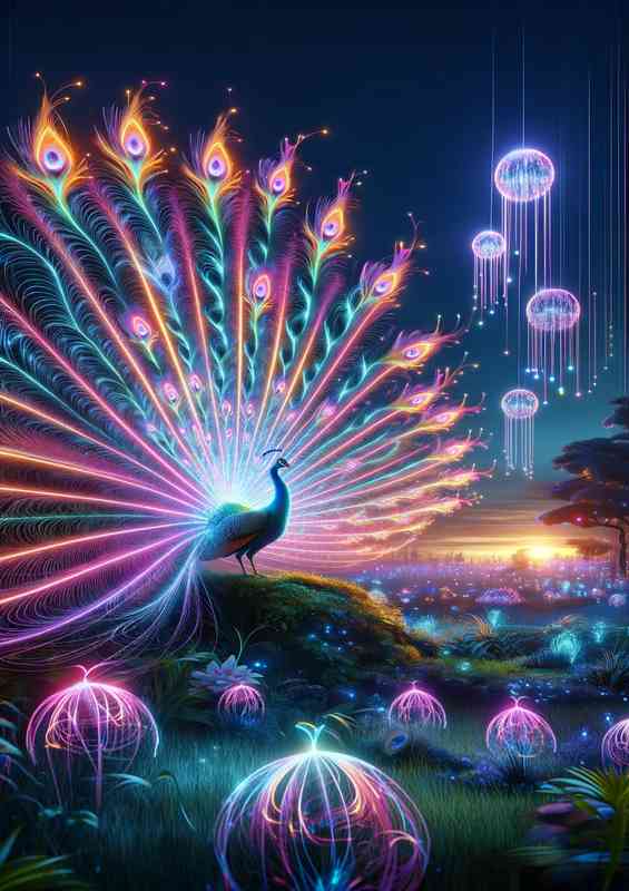 Peacock displaying its feathers in a neon lit garden at dusk | Metal Poster