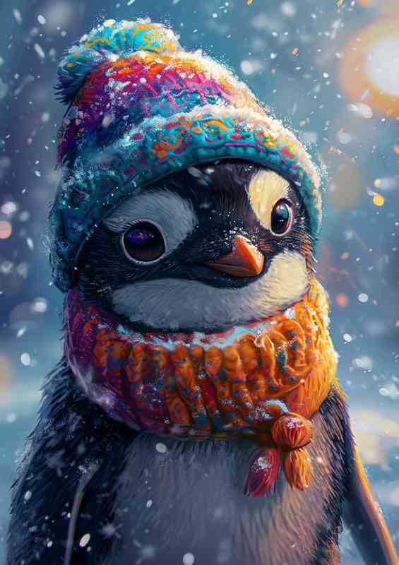 Penguin wearing a colorful hat in the rain | Metal Poster