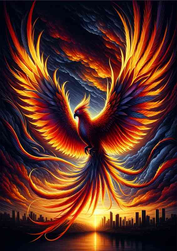 Phoenix in flight its tapestry of burning oranges and yellows | Metal Poster