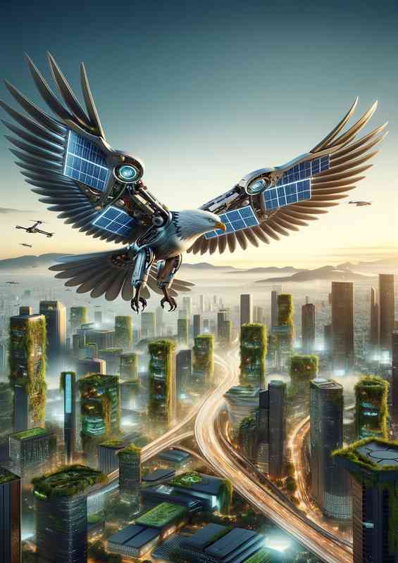 Robotic eagle soaring above a futuristic cityscape | Metal Poster