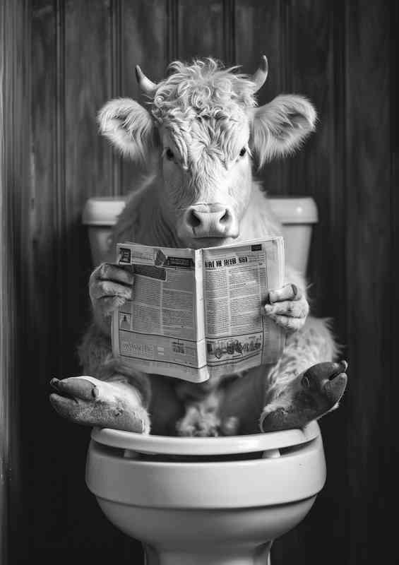 A cow seated on a toilet reading a paper | Metal Poster