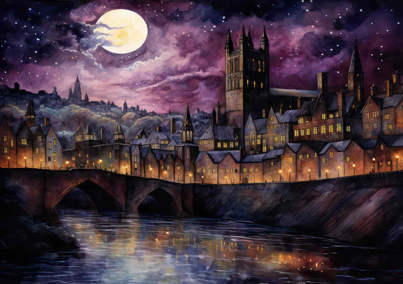 City of york at night with a purple sky and full moon | Metal Poster