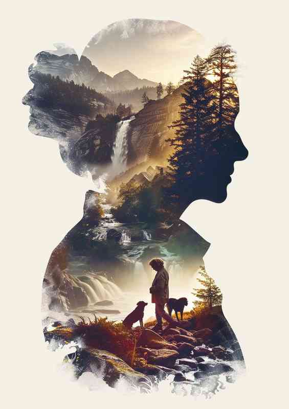 A double exposure the silhouette of a Lady and Dogs | Metal Poster