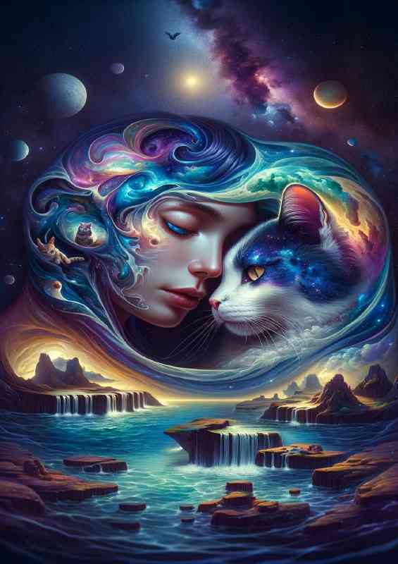 A woman and a cat oceans with waves | Metal Poster