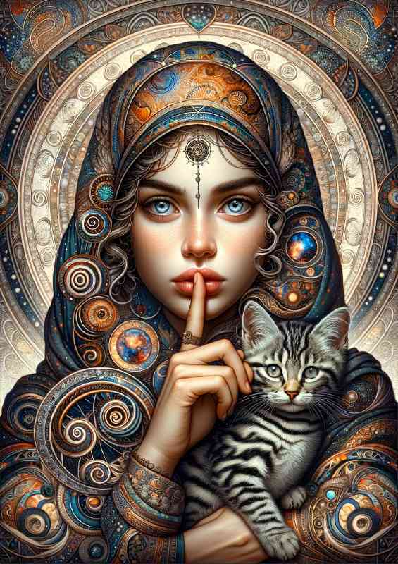 A young woman with a Cat and wise gaze | Metal Poster