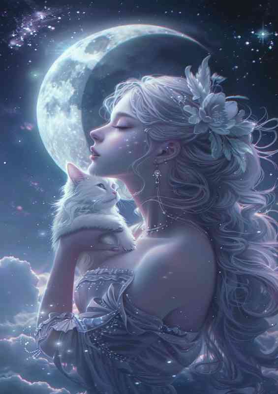 Beautiful woman white cat in the moon star purple tones | Metal Poster