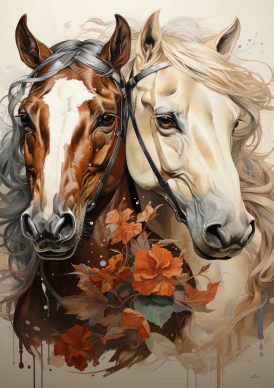 Brown and white Horses with flowers | Metal Poster