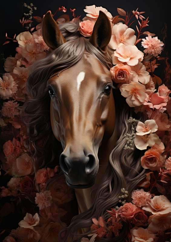 Brown horse In flowers | Metal Poster