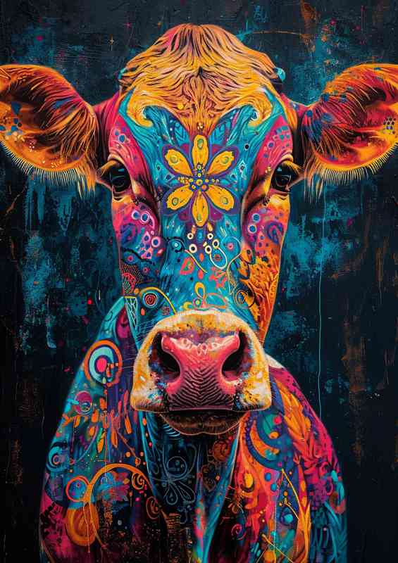 Cow with colorful art on his face | Metal Poster