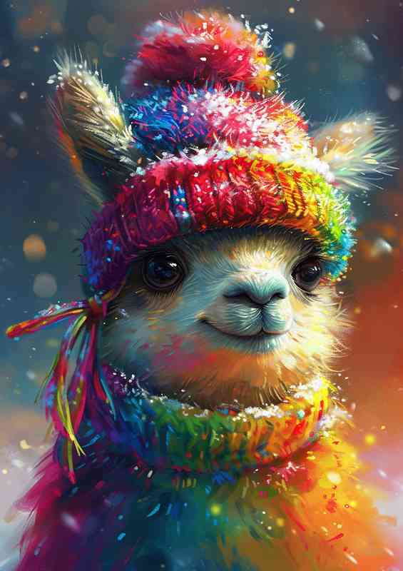 Cute llama in a rainbow hat and jumper | Metal Poster