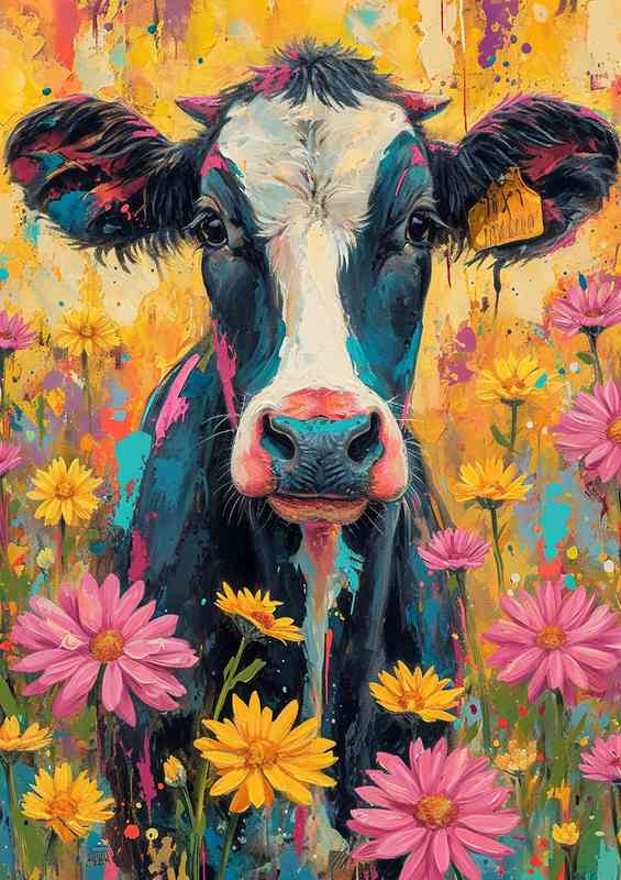 Daisy the cow in a field of flowers | Metal Poster