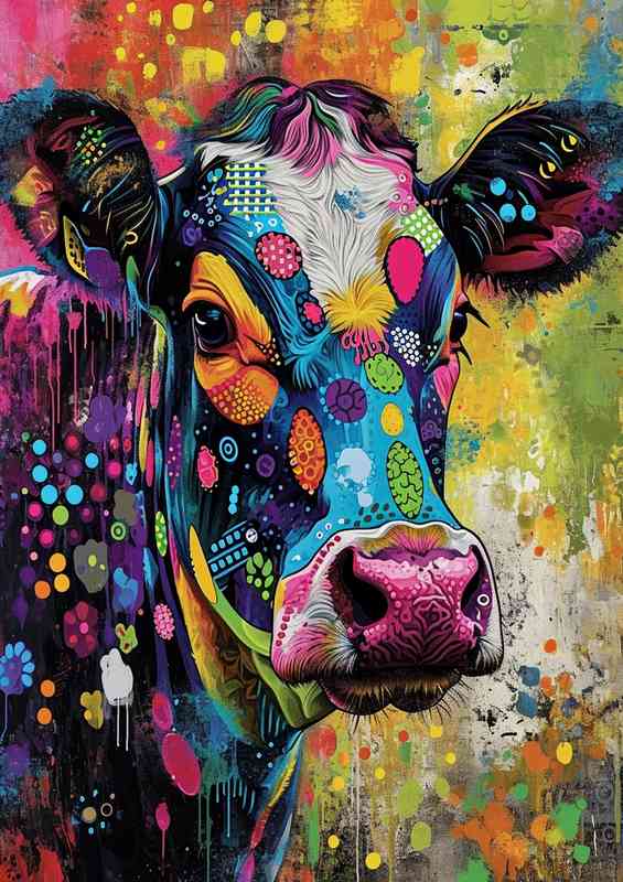 Funny bight cow painted in colours | Metal Poster