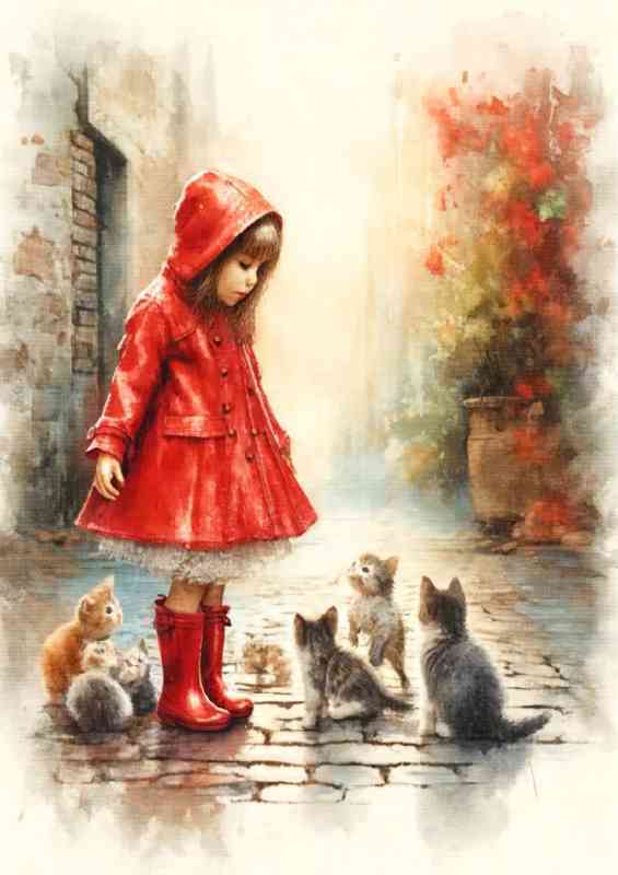 Girl in a red raincoat and boots surrounded by kittens | Metal Poster