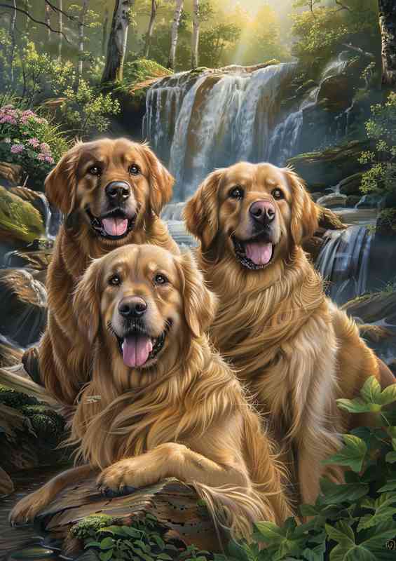 Golden retriver Dogs palying in the enchanted woodland | Metal Poster