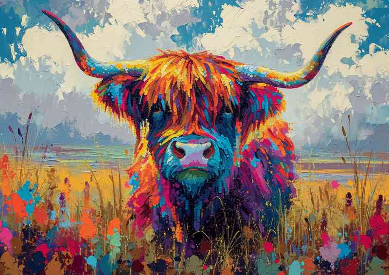 Highland cow in a colourful flower field | Metal Poster