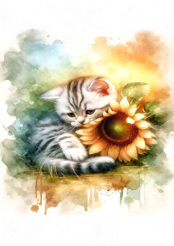 Kitten snuggling a sunflower | Metal Poster