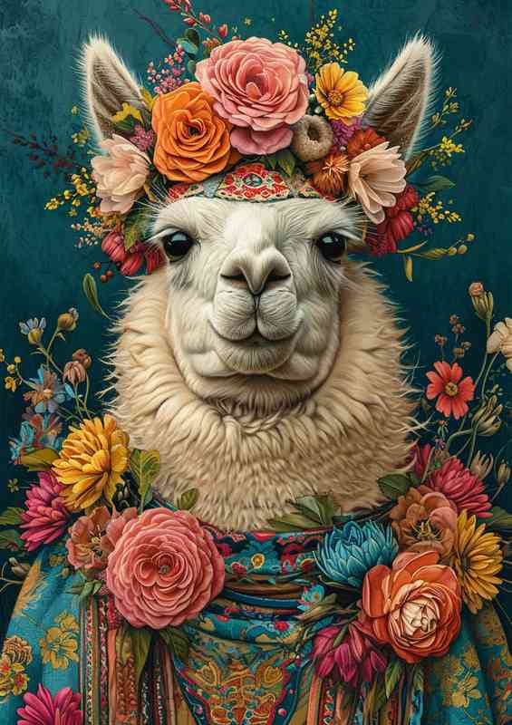 LLama in a flowered headset | Metal Poster