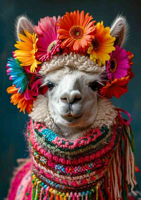 Llama colorful wears flowers on its head | Metal Poster