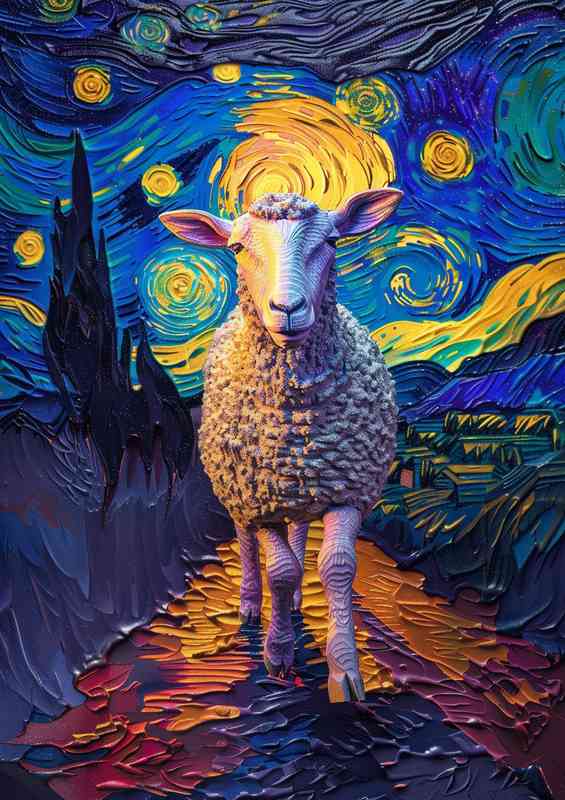 Sheep walking in a night with starry sky | Metal Poster