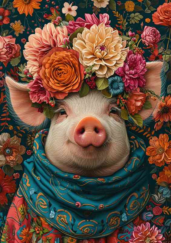 The pink pig in a colourful scarf | Metal Poster