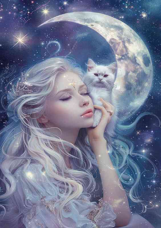 Woman with a white cat in the moon stars | Metal Poster