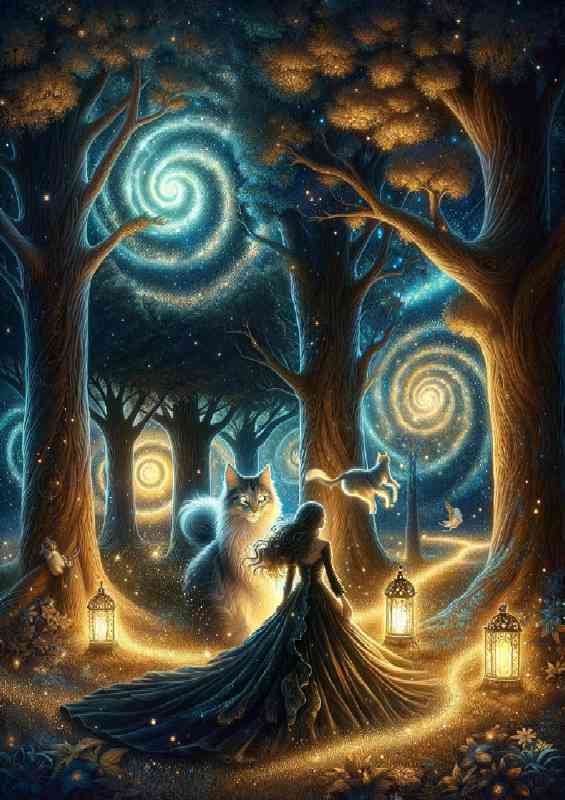 mystical forest at night filled with with luminescent leaves cat | Metal Poster