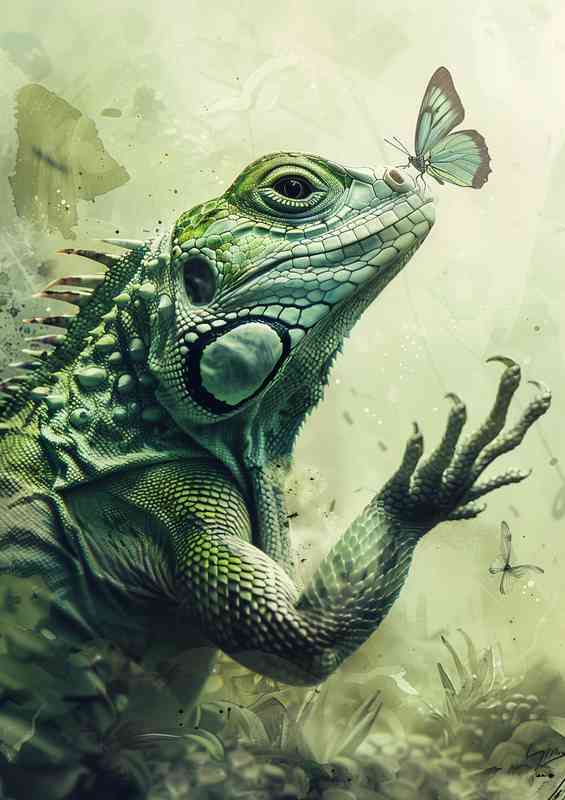 Watercolor painting of a green Lizard with a butterfly | Metal Poster