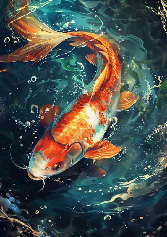 A beautiful water painting orange and white koi carp | Metal Poster