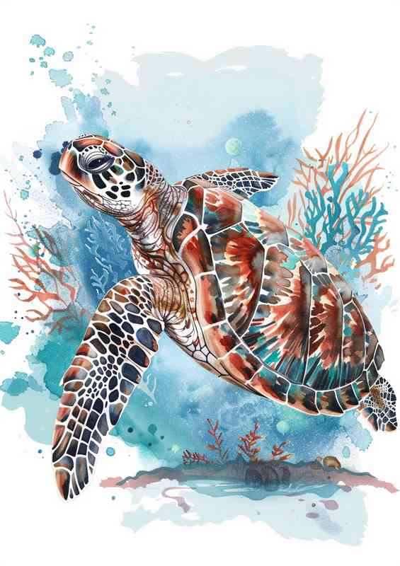 A brown and white sea turtle swimming in the ocean | Metal Poster