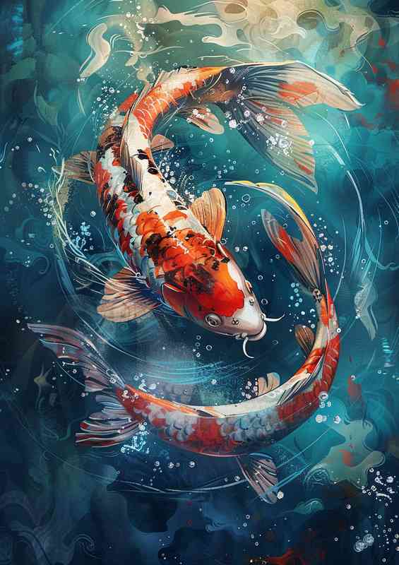 Beautiful water painting of a fish a pair of Koi carps | Metal Poster