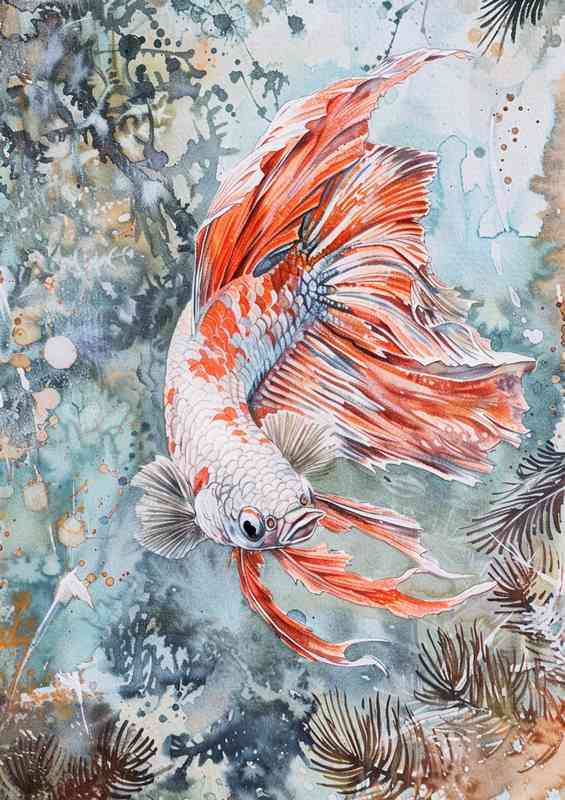 Betta fish painted in watercolor in the ocean | Metal Poster