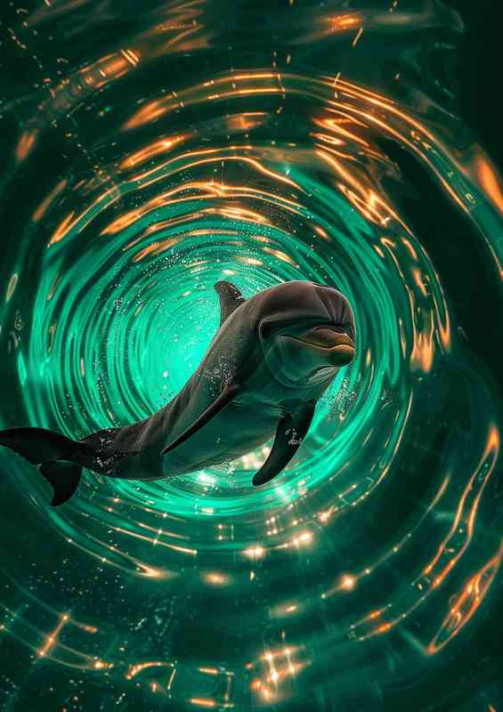 Dolphin through a green tunnel | Metal Poster