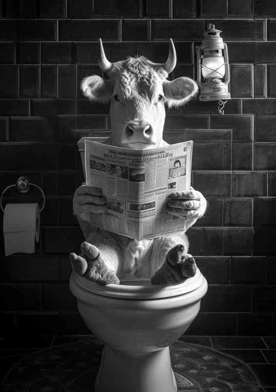 A Cow seated on a toilet with a newspape | Metal Poster