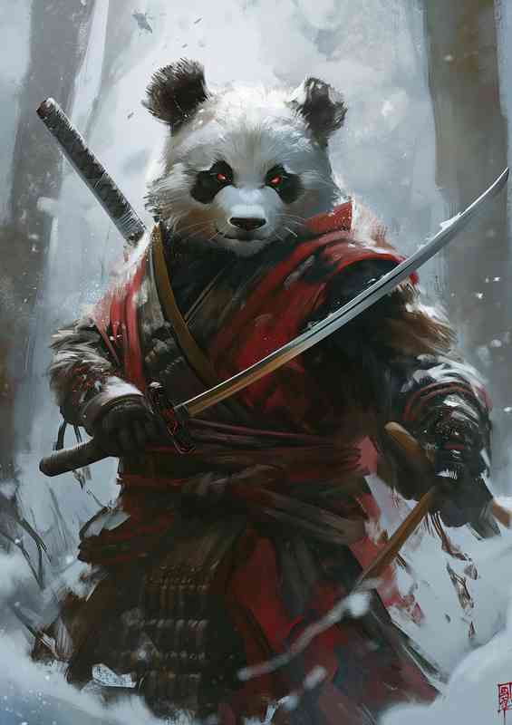 Asian panda bear holds two swords | Metal Poster