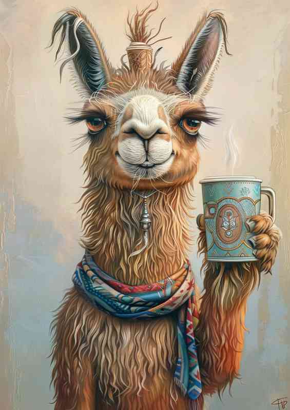 Cute Llama enjoys a cup of coffee | Metal Poster
