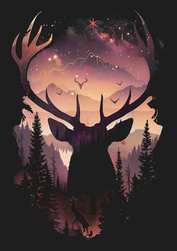 A silhouette of Deer in the woods | Metal Poster