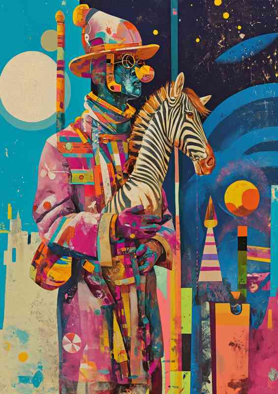 Abstract man holding his pet zebra | Metal Poster
