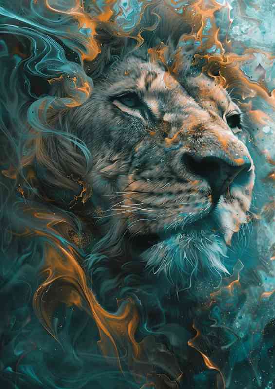 Art of a lion blue orange smoke | Metal Poster