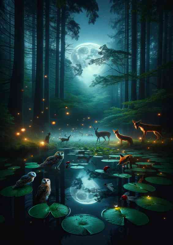 Atmosphere of a midnight gathering at a forest pond | Metal Poster